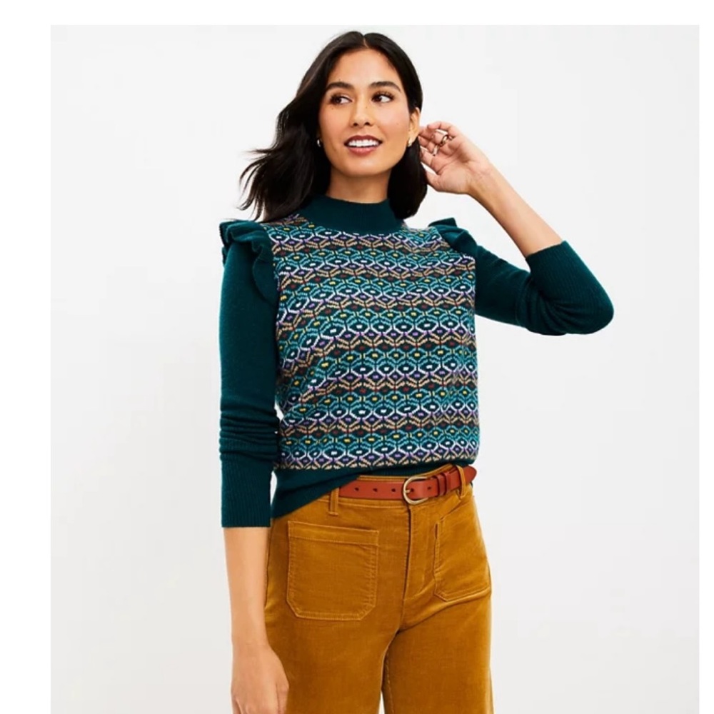 LOFT Geo Jacquard Ruffle Mock Neck Sweater